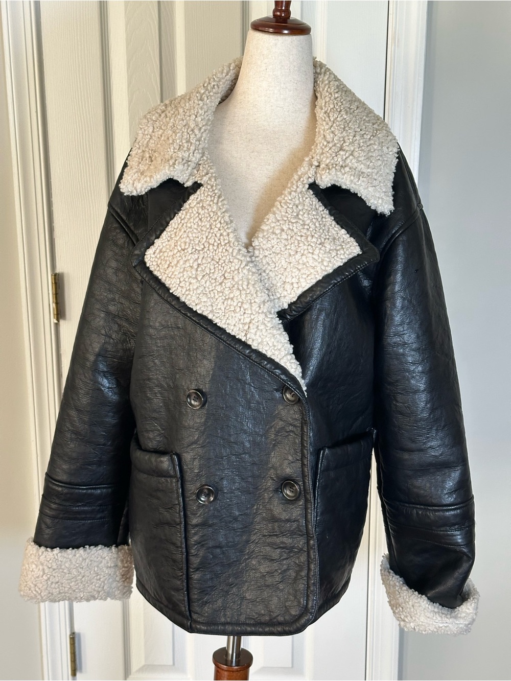 We The Free Kaja Vegan Black Faux Leather Bomber Jacket with Cream Sherpa - Picture 2 of 8